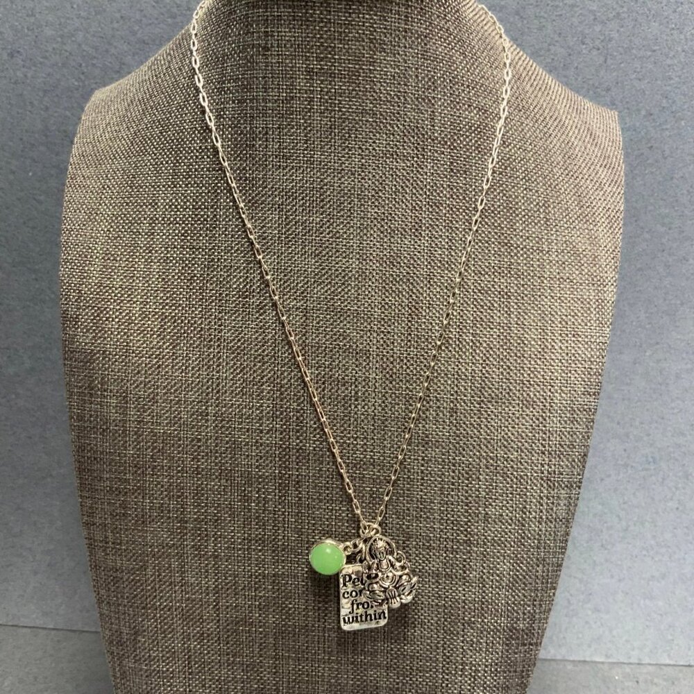 Buddha Charm Pendant Necklace 17 In Silver Green Stone Peace Comes From Within